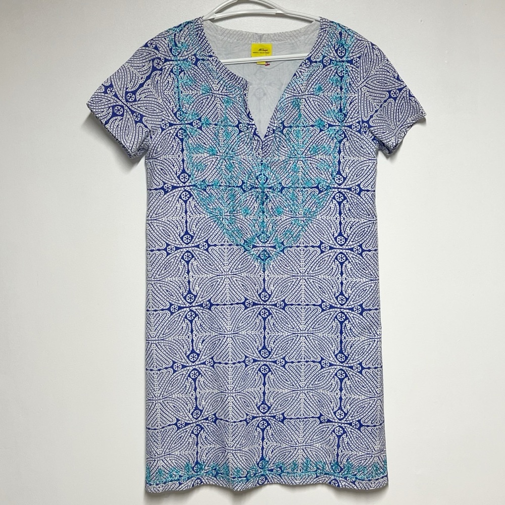 New Roberta Roller Rabbit Faith Blue Cotton Abstract Embroidered Dress Sz XS